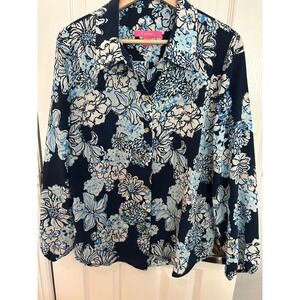 Lilly Pulitzer Silk Floral Button Down Blouse Navy Blue Long Sleeve Top Size L